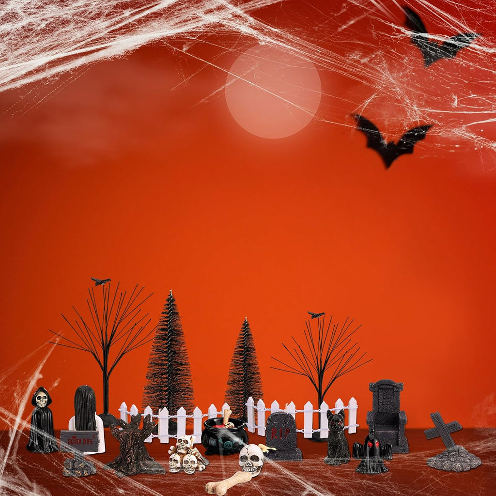 32 Pcs Halloween Village Miniature Town Accessories Set Halloween Figurines Spooky Bare Branches Tombstones Skeleton Skulls Resin Horror Village Collections for Party Town Decorations