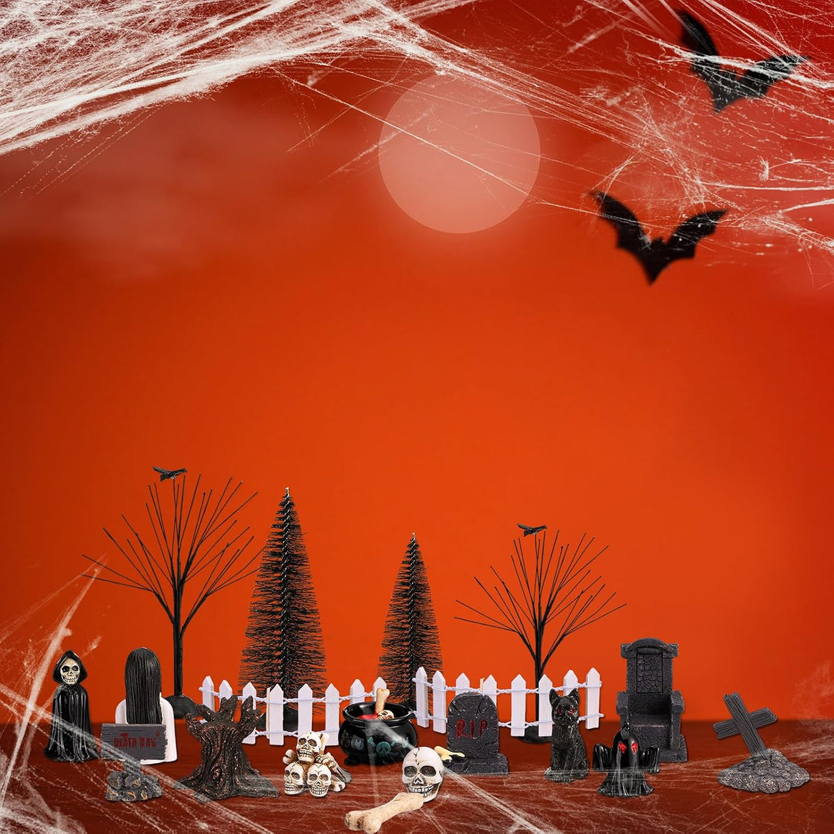 32 Pcs Halloween Village Miniature Town Accessories Set Halloween Figurines Spooky Bare Branches Tombstones Skeleton Skulls Resin Horror Village Collections for Party Town Decorations