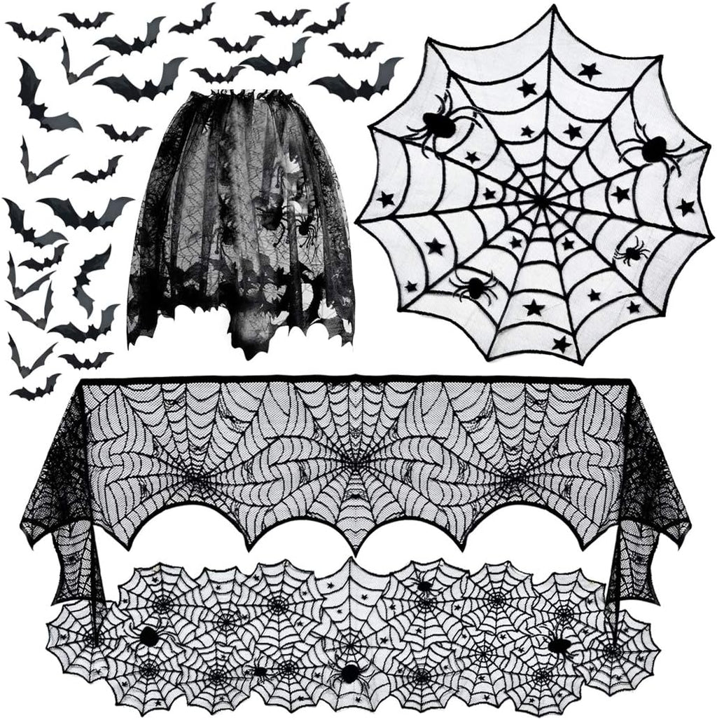 5Pack Halloween Decorations Tablecloth Runner Black Lace round Spider Cobweb Table Cover Fireplace Mantel Scarf Spiderweb Fireplace Scarf Spider Lampshade with 36Pcs Scary 3D Bat for Halloween Party
