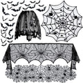 5Pack Halloween Decorations Tablecloth Runner Black Lace round Spider Cobweb Table Cover Fireplace Mantel Scarf Spiderweb Fireplace Scarf Spider Lampshade with 36Pcs Scary 3D Bat for Halloween Party