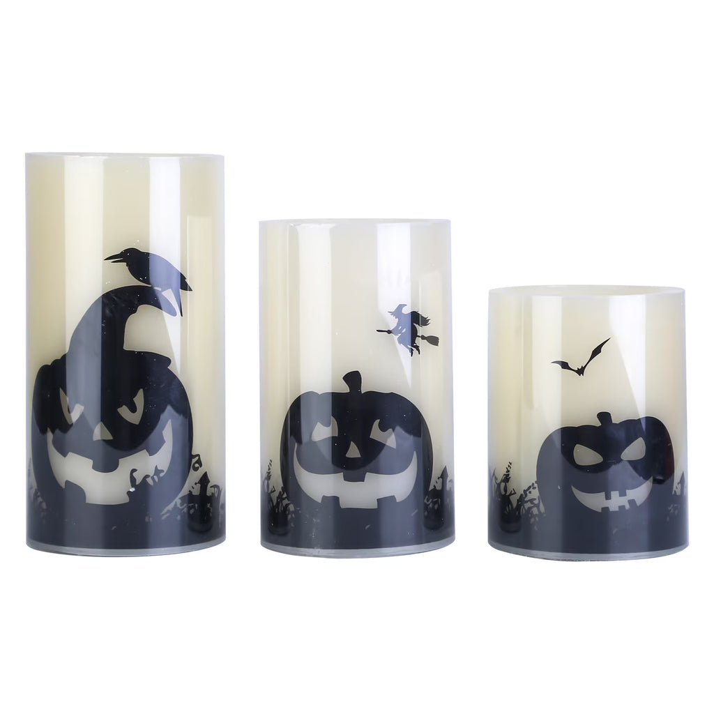 3Pcs Halloween Flameless Candles  Battery Operated Indoor Halloween Led Warm Orange Candles Lamp with Timer Setting, Natural Paraffin Halloween Pillar Candles Pumpkin