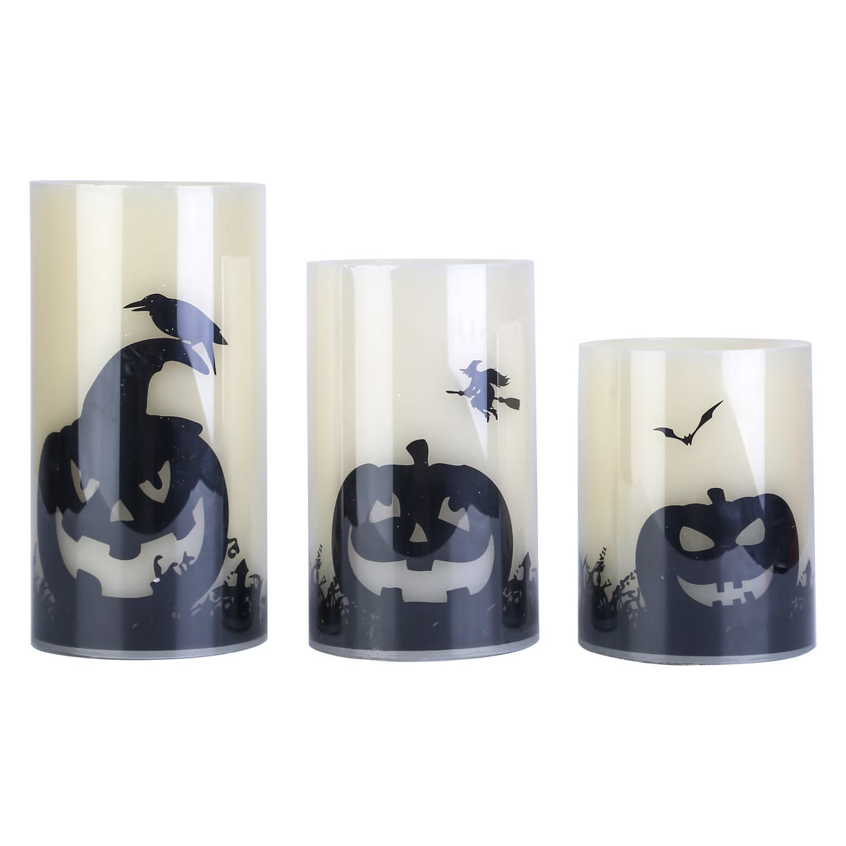 3Pcs Halloween Flameless Candles  Battery Operated Indoor Halloween Led Warm Orange Candles Lamp with Timer Setting, Natural Paraffin Halloween Pillar Candles Pumpkin