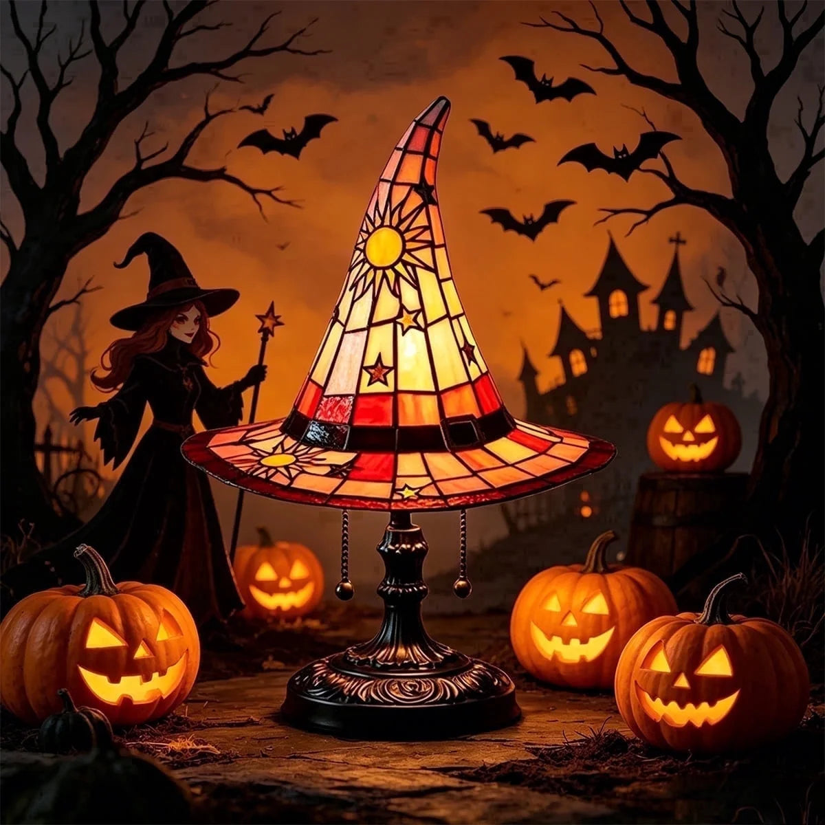 Clearance Witch Hat Lamp Halloween Decorations under 20 Gifts Stained Glass like Gothic Lamp Gothic Home Decor Accent Bedroom Bookshelf Mystical Gifts Glow Dark Figurine Ambiance