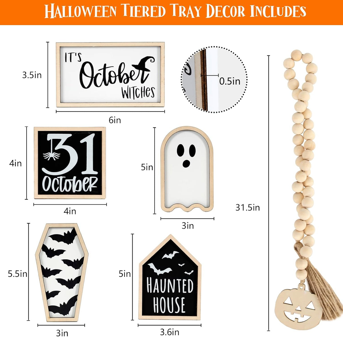 Halloween Decorations | 6PCS Halloween Tiered Tray Decor | Bat Coffin, Haunted House, Ghost, Witches, October 31 Sign, Bead Garland | Halloween Decor | Halloween Centerpiece for Table Shelf