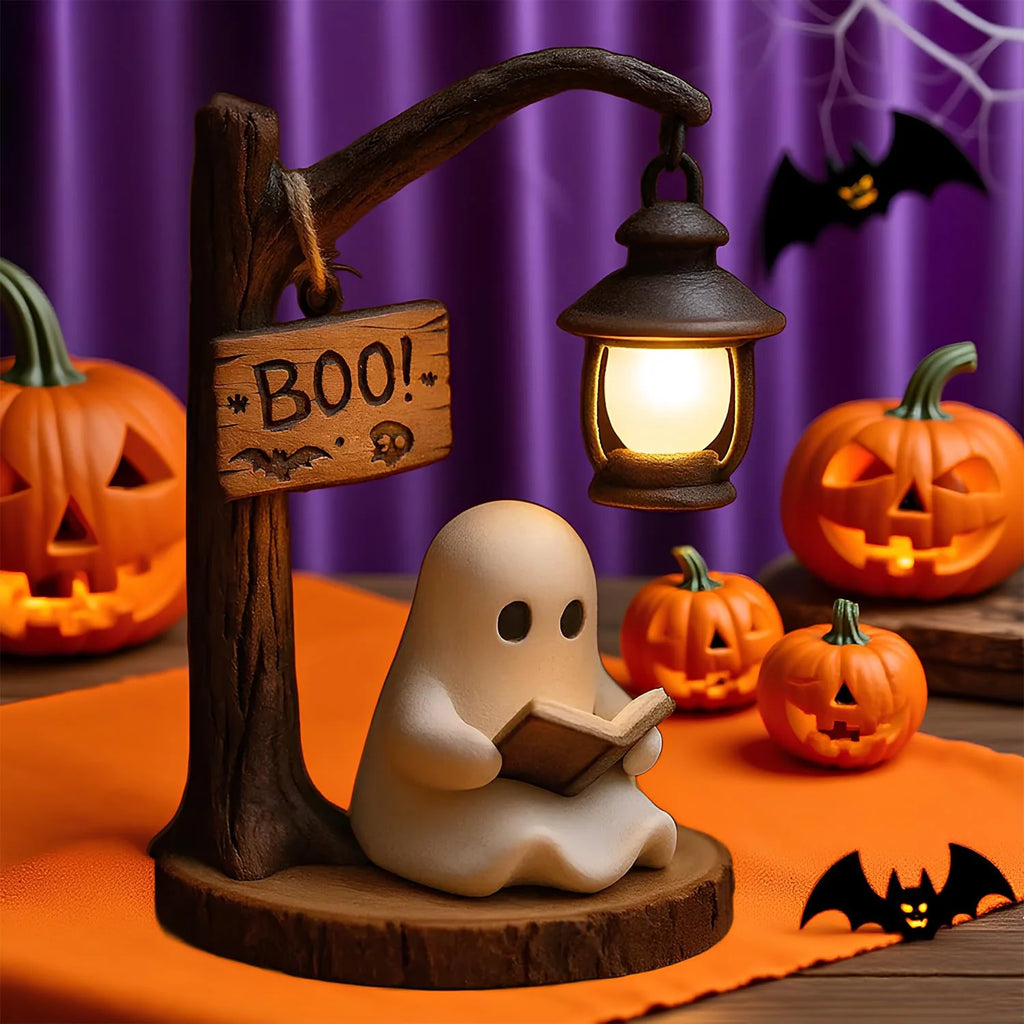 Ghost Reading Book Lamp, Cute Ghost Reading Lantern, 3D Resin Halloween Ghost Night Light Ghost Warm Light Indoor Decor Lamp Glowing Halloween Ghost Decorations for Bedroom Living Room