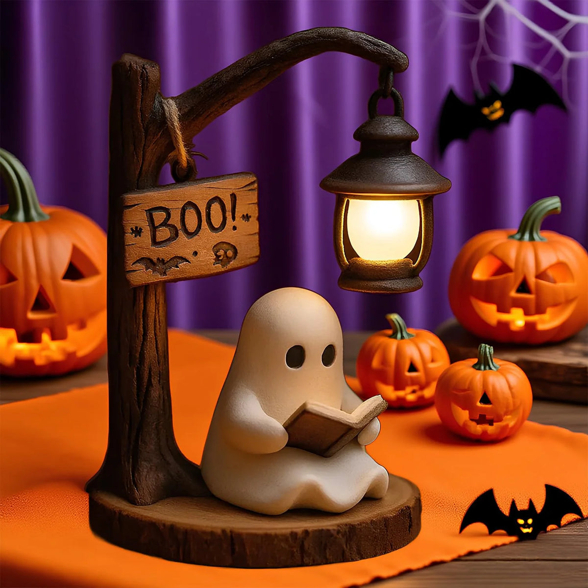 Ghost Reading Book Lamp, Cute Ghost Reading Lantern, 3D Resin Halloween Ghost Night Light Ghost Warm Light Indoor Decor Lamp Glowing Halloween Ghost Decorations for Bedroom Living Room