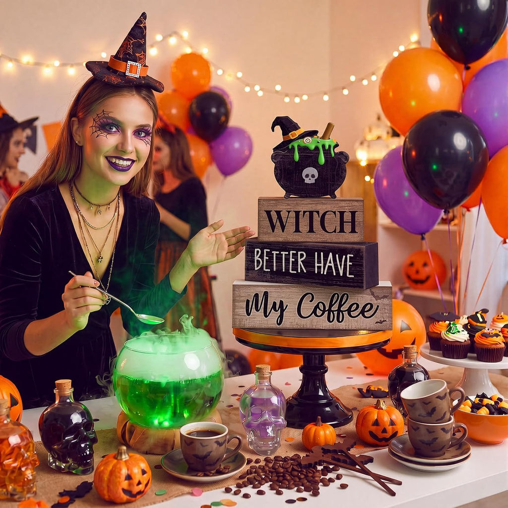 4 Pcs Halloween Table Decoration Witch Coffee Wooden Stacked Block Decor, "Witch Better Have My Coffee" Sign with Cauldron Topper, Gothic Halloween Tiered Tray Decor for Home Kitchen Bar