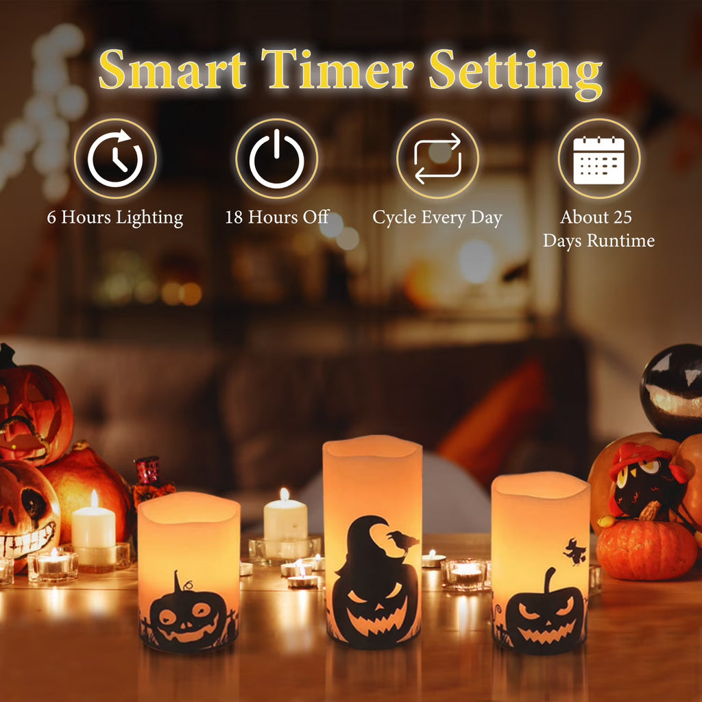 3Pcs Halloween Flameless Candles  Battery Operated Indoor Halloween Led Warm Orange Candles Lamp with Timer Setting, Natural Paraffin Halloween Pillar Candles Pumpkin