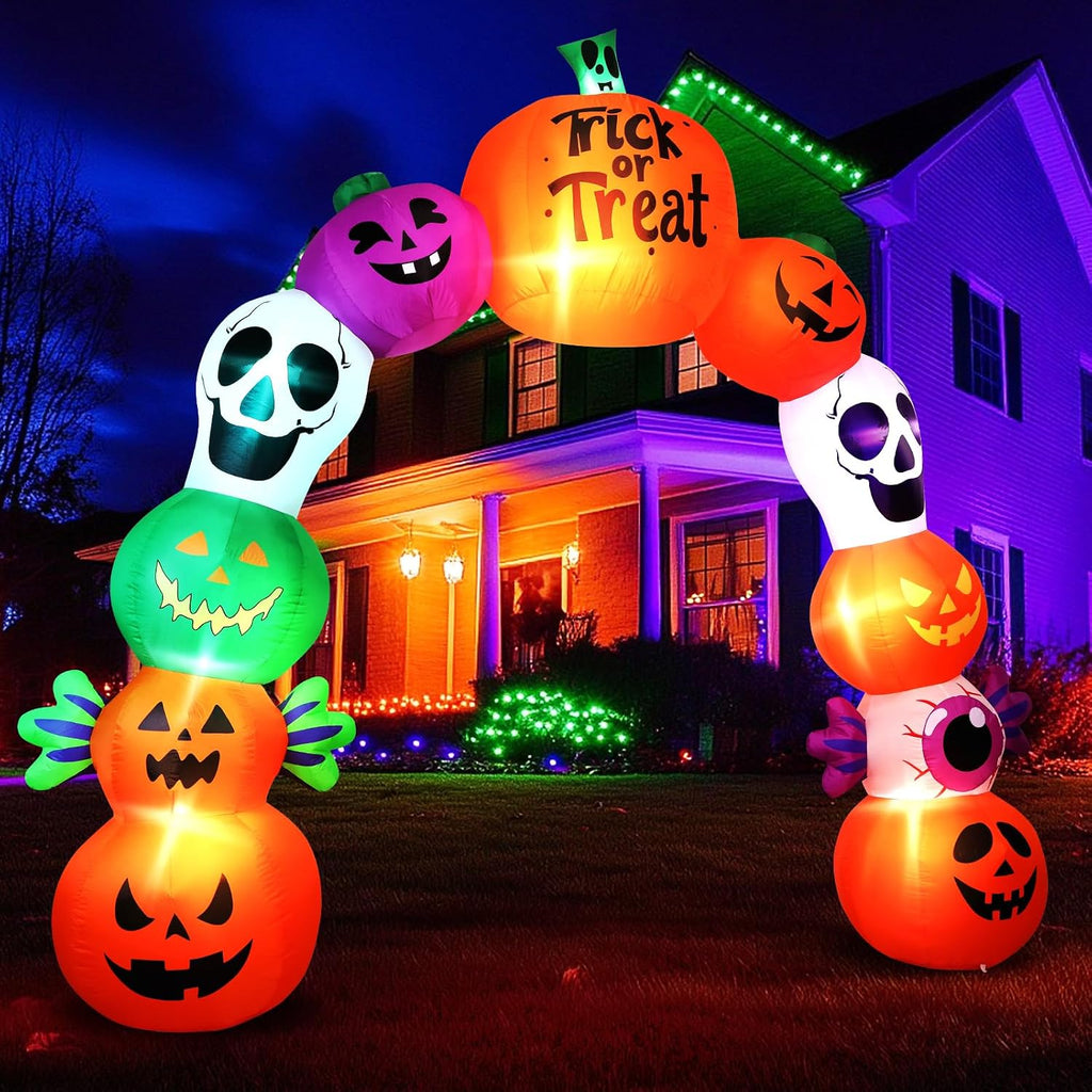 10FT Halloween Inflatable Pumpkin Skeleton Archway with LED Lights | Giant 10FT Design | Waterproof Polyester Fabric | Perfect for Outdoor Yard, Lawn & Halloween Party Decoration
