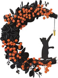 Halloween Decorations Black Cat Half-Moon Wreath with Black Rose & Berry | Halloween Decor with Open Half-Moon Design, Black Fabric Roses, Frosted Leaves, Glossy Orange Berries, and a Cat Silhouette