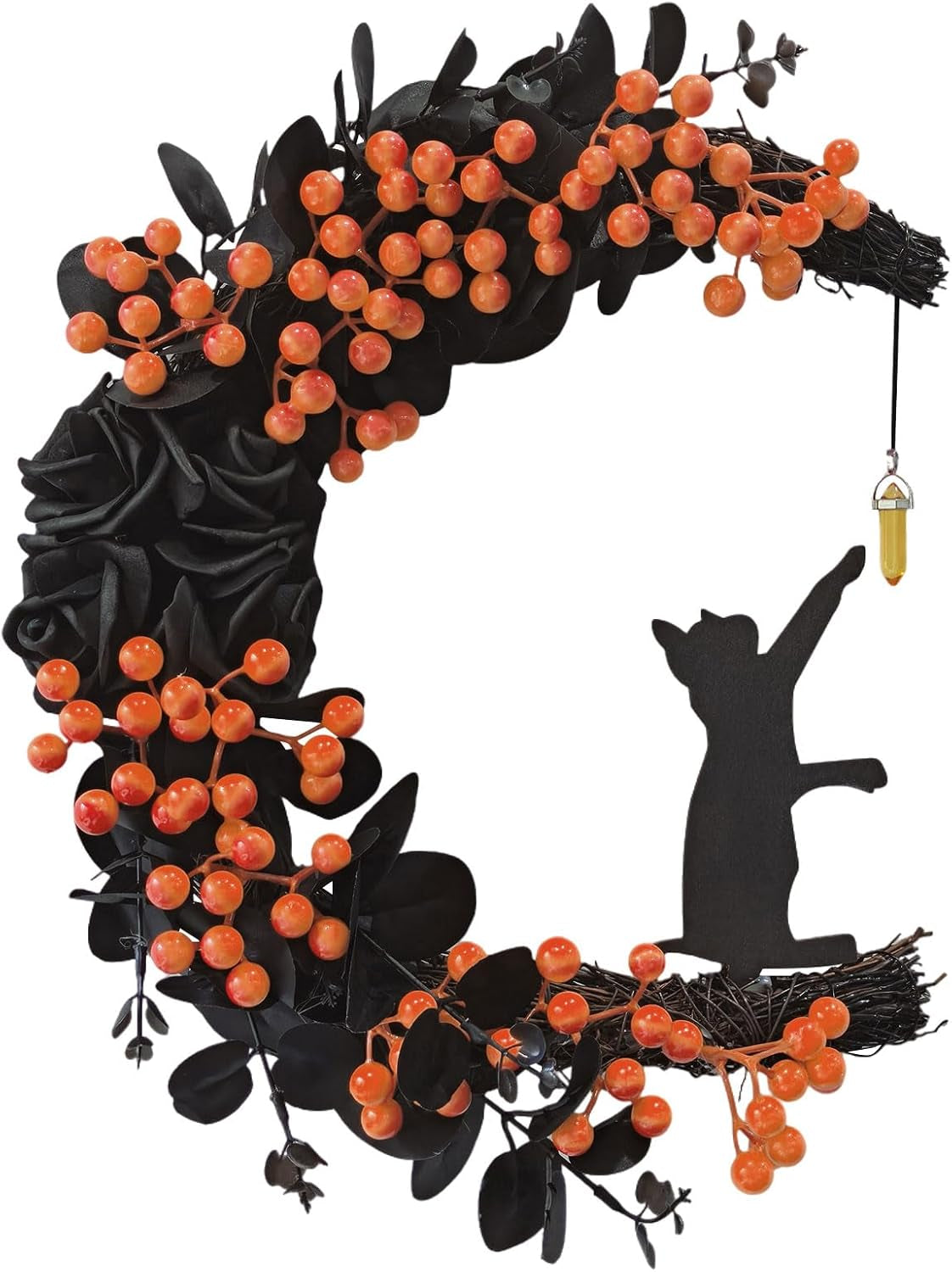 Halloween Decorations Black Cat Half-Moon Wreath with Black Rose & Berry | Halloween Decor with Open Half-Moon Design, Black Fabric Roses, Frosted Leaves, Glossy Orange Berries, and a Cat Silhouette
