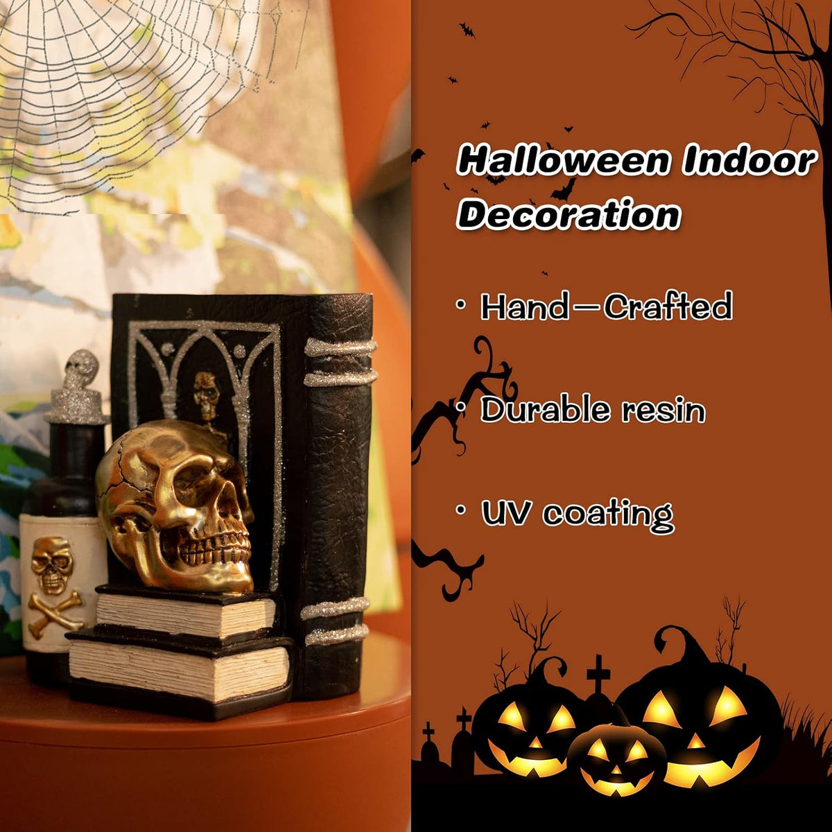 Halloween Skull Decor, Gothic Skeleton Heads and Book Resin Statue, Collectible Figurines for Halloween Decor Unique Gifts for Home Decorations 9.2"