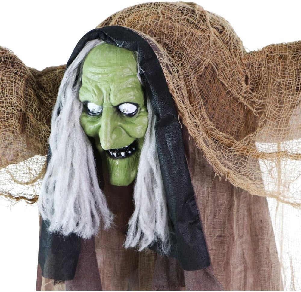 Talking Hunchback Witch, Halloween Animatronic with Movement and Lights for Battery Operated Scary Indoor or Covered Outdoor Halloween Decorations, Creepy Halloween Prop