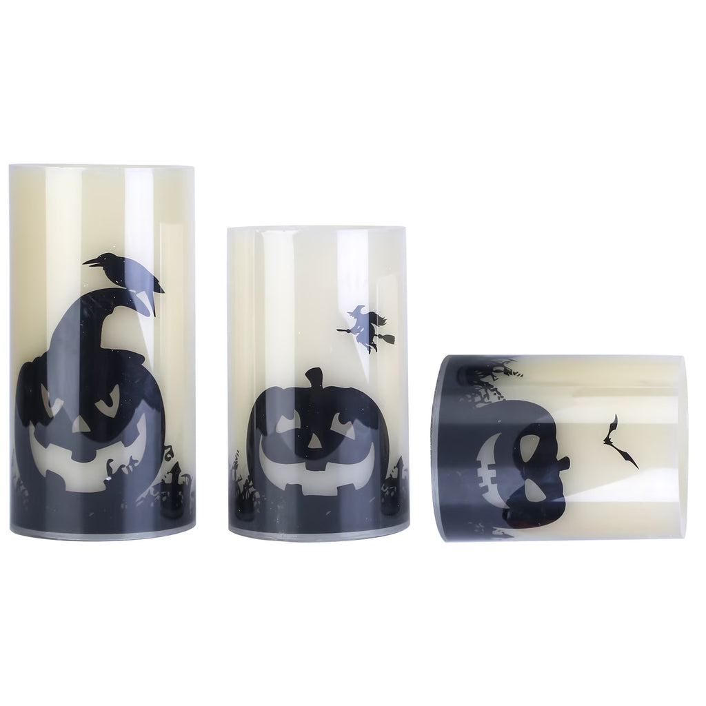 3Pcs Halloween Flameless Candles  Battery Operated Indoor Halloween Led Warm Orange Candles Lamp with Timer Setting, Natural Paraffin Halloween Pillar Candles Pumpkin