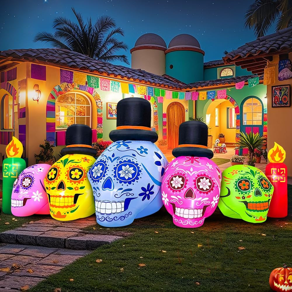 7FT LED  Halloween Inflatable | Skeleton Day of Dead Catrina Skulls Dia De Los Muertos | Outdoor Decor