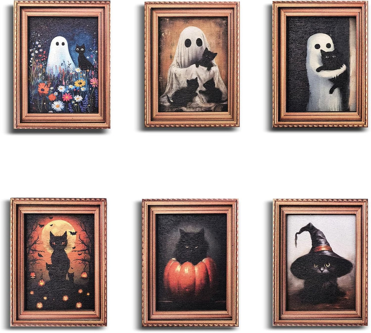 Halloween Fridge Magnets Cute Ghost with Black Cat 3D Wood Magnet Art Frame Designs Decorations for Refrigerator Garage Door or Kitchen Removable Indoor Outdoor Magnetic Decals 6Pcs