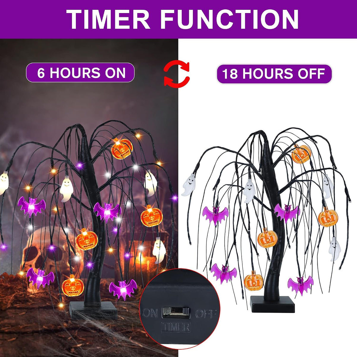 Halloween Table Decorations 18 Inch 36 LED Halloween Willow Tree with Pumpkin Bat Ghost Lights, Timer/Usb/Battery Operated Black Halloween Tree Spooky Halloween Decorations Indoor Home Party Room Gift