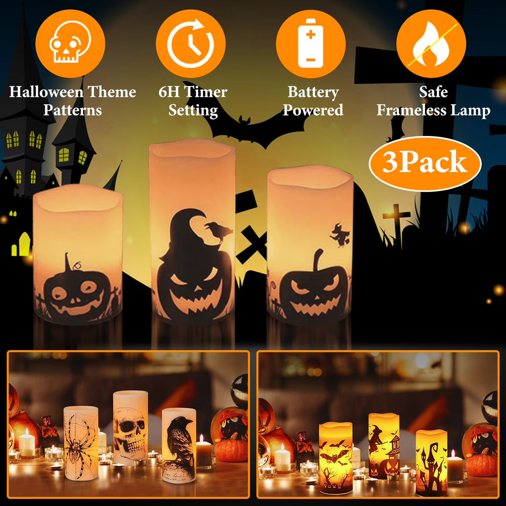 3Pcs Halloween Flameless Candles  Battery Operated Indoor Halloween Led Warm Orange Candles Lamp with Timer Setting, Natural Paraffin Halloween Pillar Candles Pumpkin