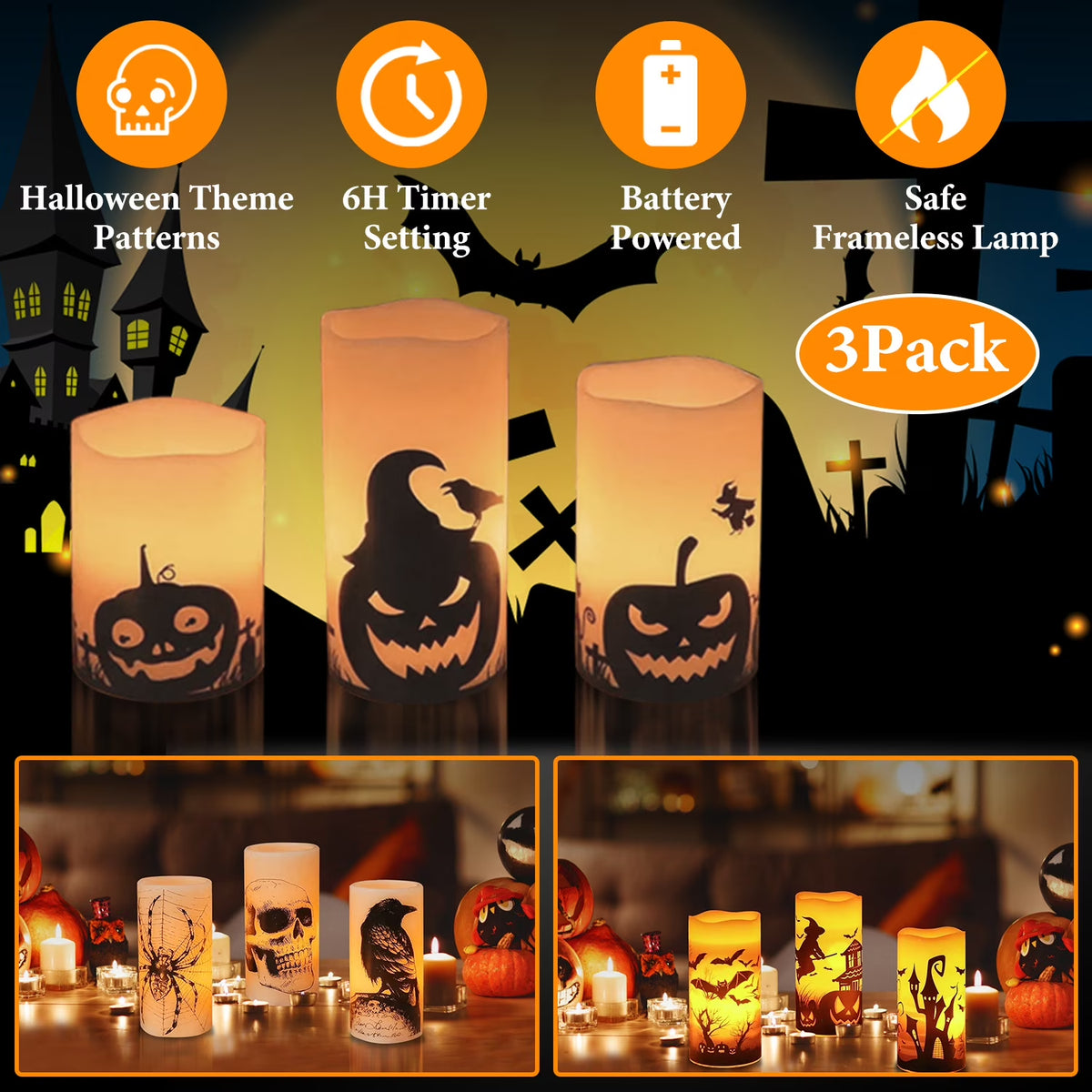 3Pcs Halloween Flameless Candles  Battery Operated Indoor Halloween Led Warm Orange Candles Lamp with Timer Setting, Natural Paraffin Halloween Pillar Candles Pumpkin