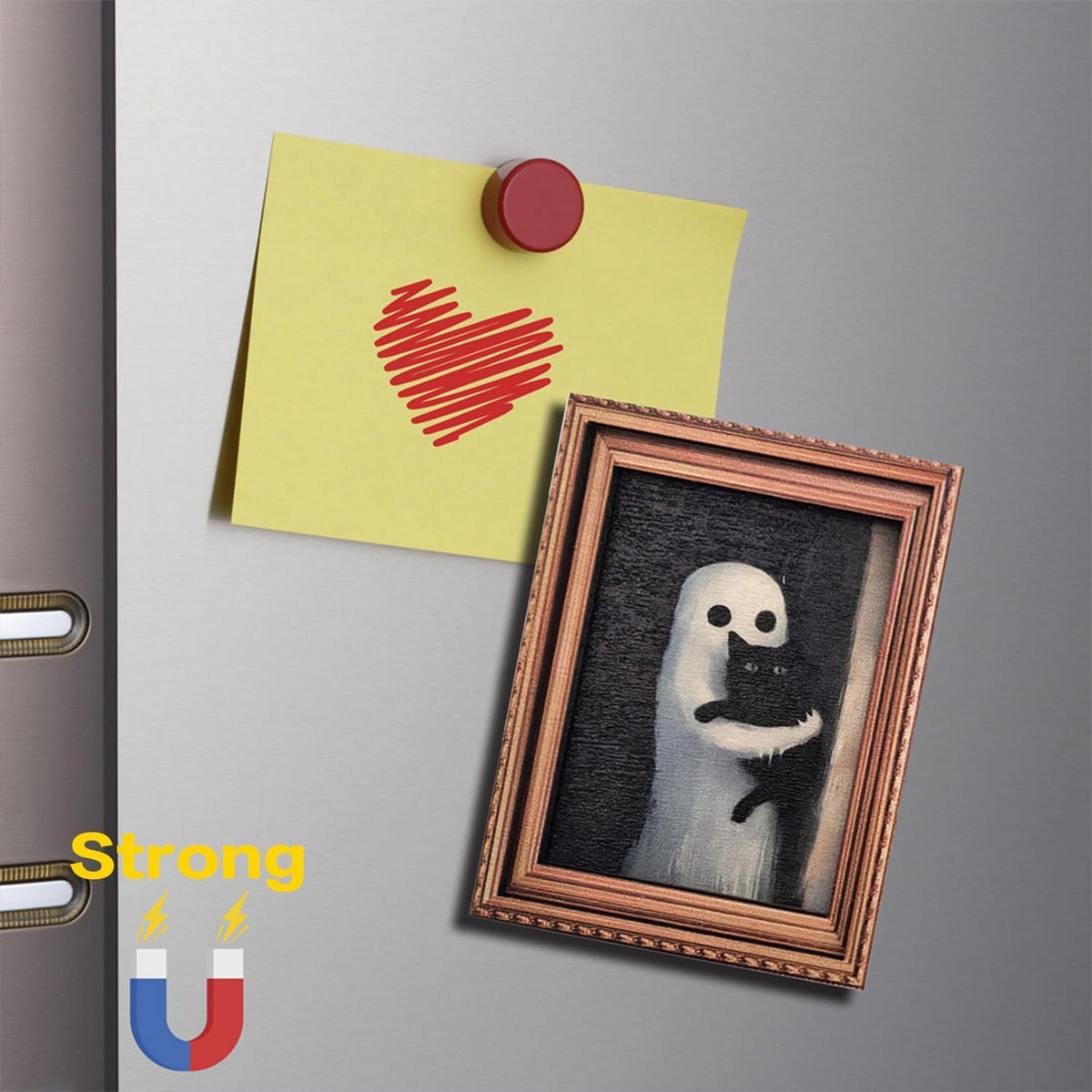 Halloween Fridge Magnets Cute Ghost with Black Cat 3D Wood Magnet Art Frame Designs Decorations for Refrigerator Garage Door or Kitchen Removable Indoor Outdoor Magnetic Decals 6Pcs