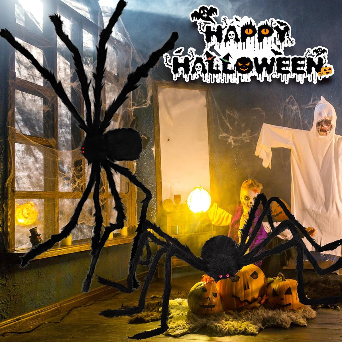 Outdoor Halloween Decorations Scary Giant Spider Fake Large Spider Hairy Spider Props for Halloween Yard Decorations Party Decor, Black (2 PCS)