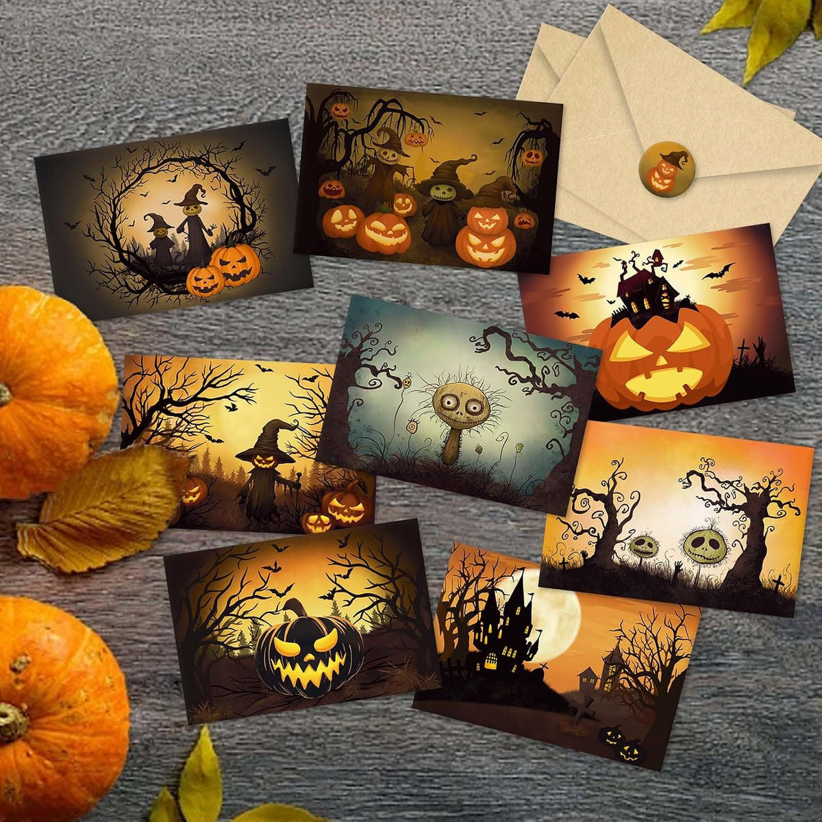 24 Pack Vintage Halloween Greeting Cards, Jack-O'-Lantern and Witch Halloween Cards, Artful Spooky Halloween Themed Card Set, 8 Designs Halloween Cards Bulk