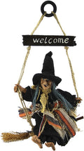 Hanging Animated Witch on Broomstick Halloween Decoration Dolls Pendant Haunted House Decorate Props KTV Bar Restaurant Door Indoor Outdoor Decor Hanged Wizard Welcome Figure