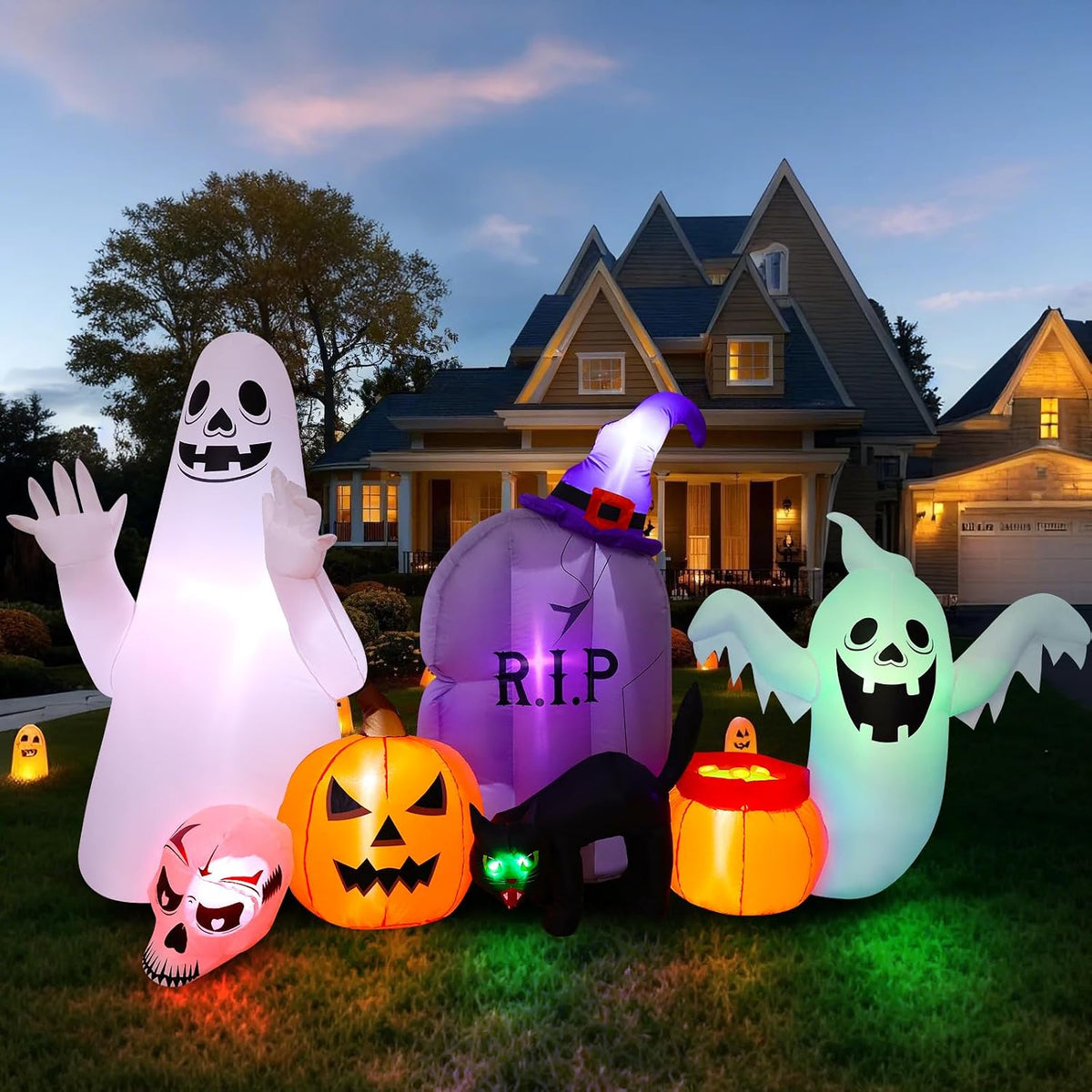 8FT Halloween Inflatable Decorations Outdoor, Ghost Cat Pumpkin Blow up Yard Decor with Built-In LED Lights, Spooky Holiday Party Favor for Indoor Outdoor Lawn Garden Halloween Decorations
