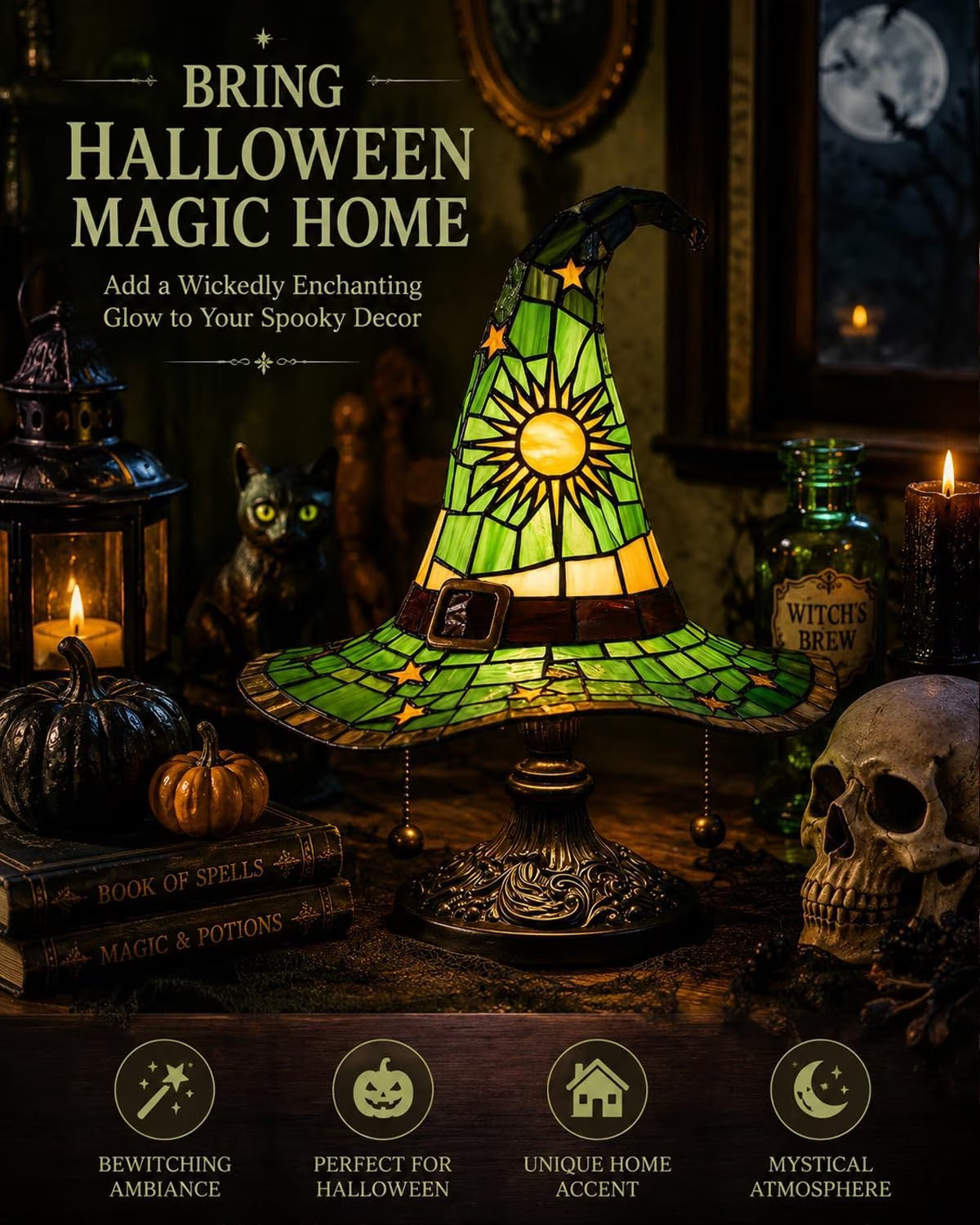 Clearance Witch Hat Lamp Halloween Decorations under 20 Gifts Stained Glass like Gothic Lamp Gothic Home Decor Accent Bedroom Bookshelf Mystical Gifts Glow Dark Figurine Ambiance