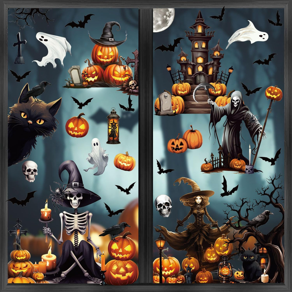 8 Sheets Halloween Window Clings, Scary Halloween Window Stickers Removable Double Sided Halloween Black Window Decals for Glass Window Halloween Decoration