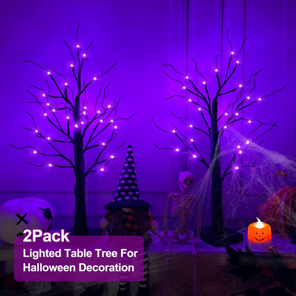 1Pc-24Inch Halloween Birch Tree Decorations with Timer,Total 24 LED Battery Operated Tabletop Artificial Black Spooky Tree Hallowe'En Decorations for Indoor Home Holiday Party-Purple
