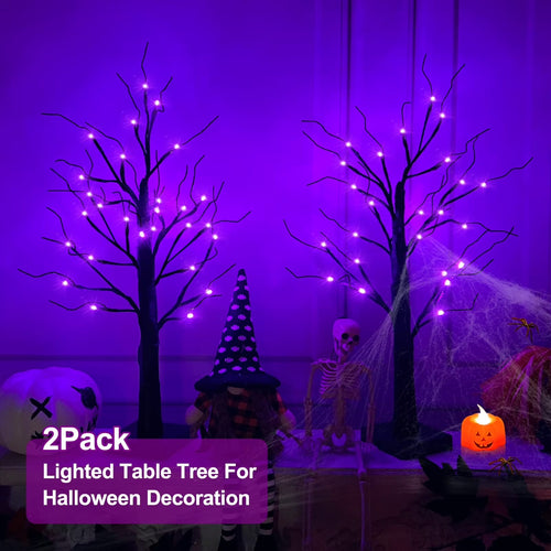 1Pc-24Inch Halloween Birch Tree Decorations with Timer,Total 24 LED Battery Operated Tabletop Artificial Black Spooky Tree Hallowe'En Decorations for Indoor Home Holiday Party-Purple