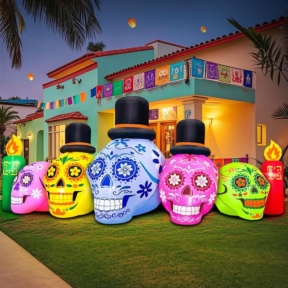 7FT LED  Halloween Inflatable | Skeleton Day of Dead Catrina Skulls Dia De Los Muertos | Outdoor Decor