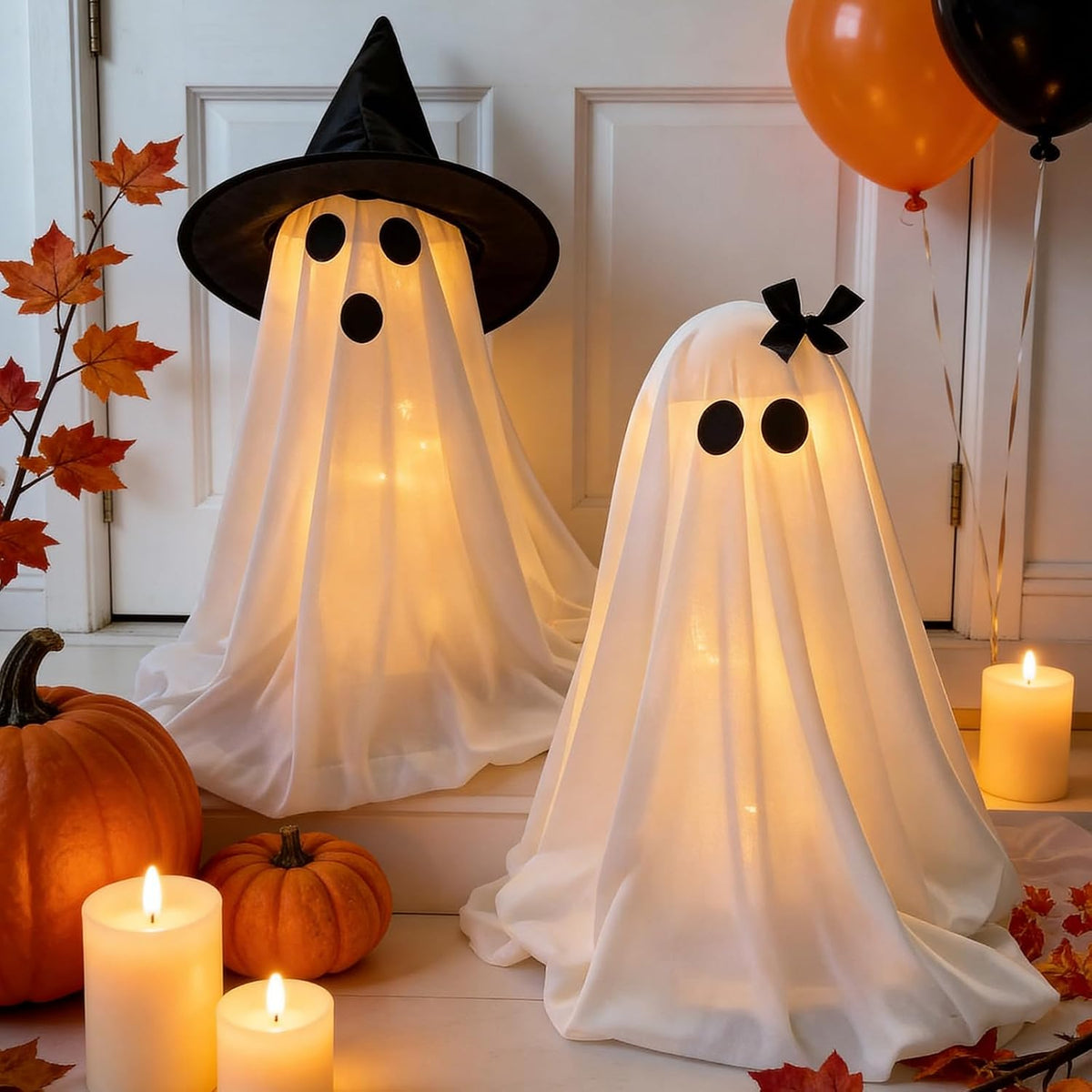 2-Piece Light-Up Ghosts with Witch Hats, Indoor Ghost Decor | Halloween Party Decorations