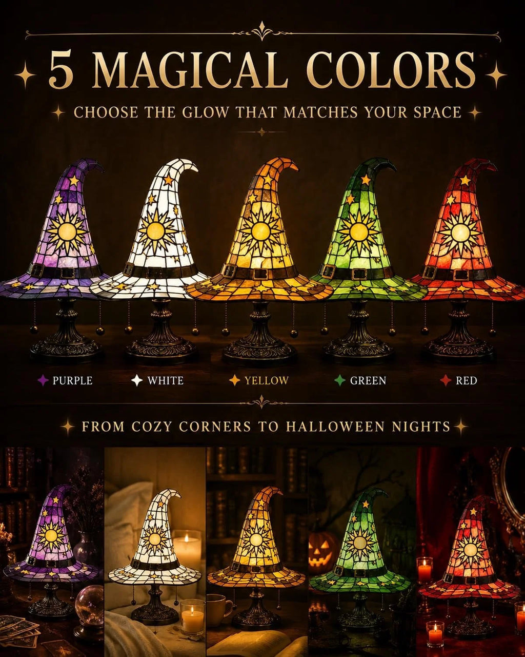 Clearance Witch Hat Lamp Halloween Decorations under 20 Gifts Stained Glass like Gothic Lamp Gothic Home Decor Accent Bedroom Bookshelf Mystical Gifts Glow Dark Figurine Ambiance