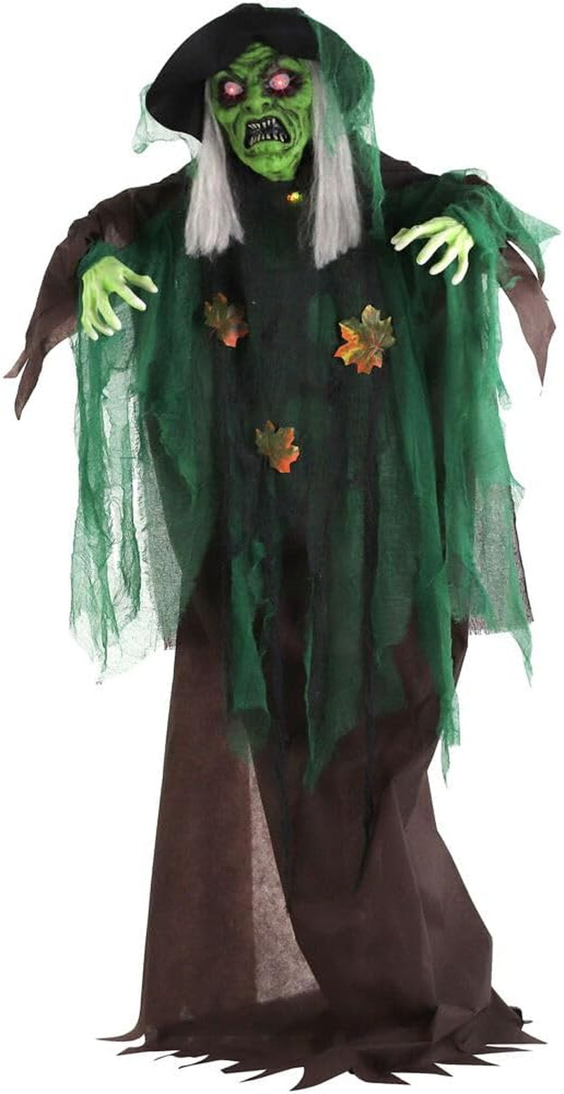 Life-Size Scary Poseable Talking Witch, Halloween Animatronic with Touch Activated Lights and Sound, Battery Operated Indoor or Covered Outdoor Halloween Decorations, Halloween Prop