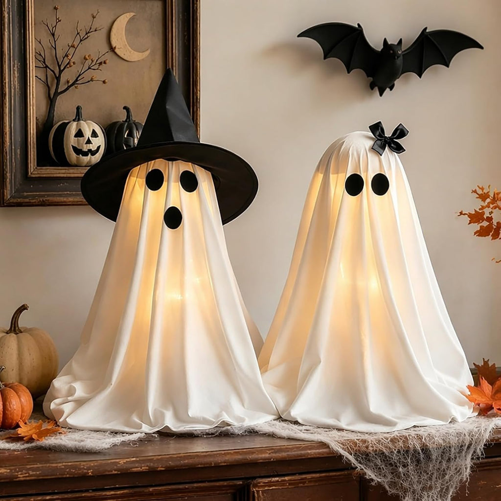 2-Piece Light-Up Ghosts with Witch Hats, Indoor Ghost Decor | Halloween Party Decorations