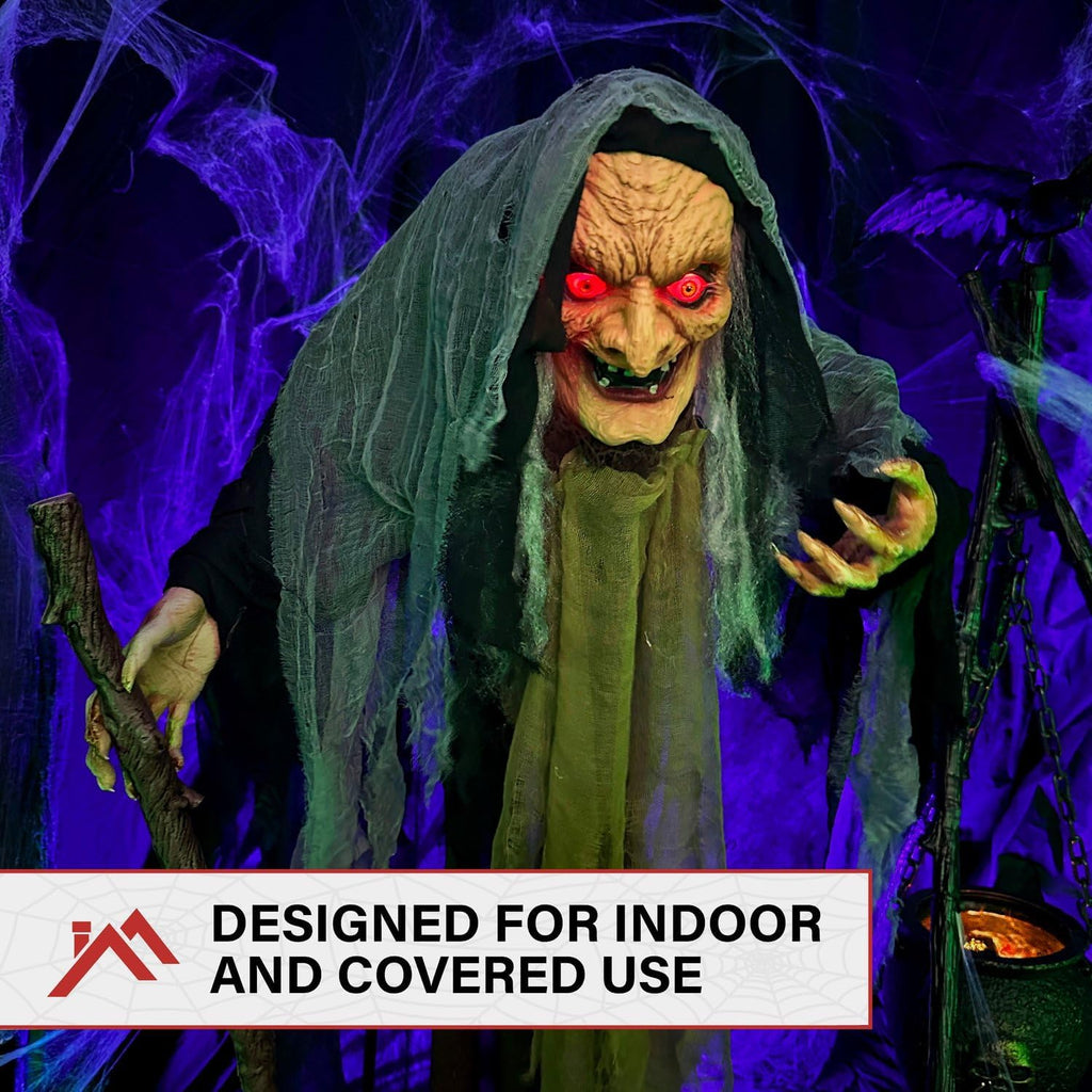 Life-Size Scary Poseable Talking Witch, Halloween Animatronic with Touch Activated Lights and Sound, Battery Operated Indoor or Covered Outdoor Halloween Decorations, Halloween Prop