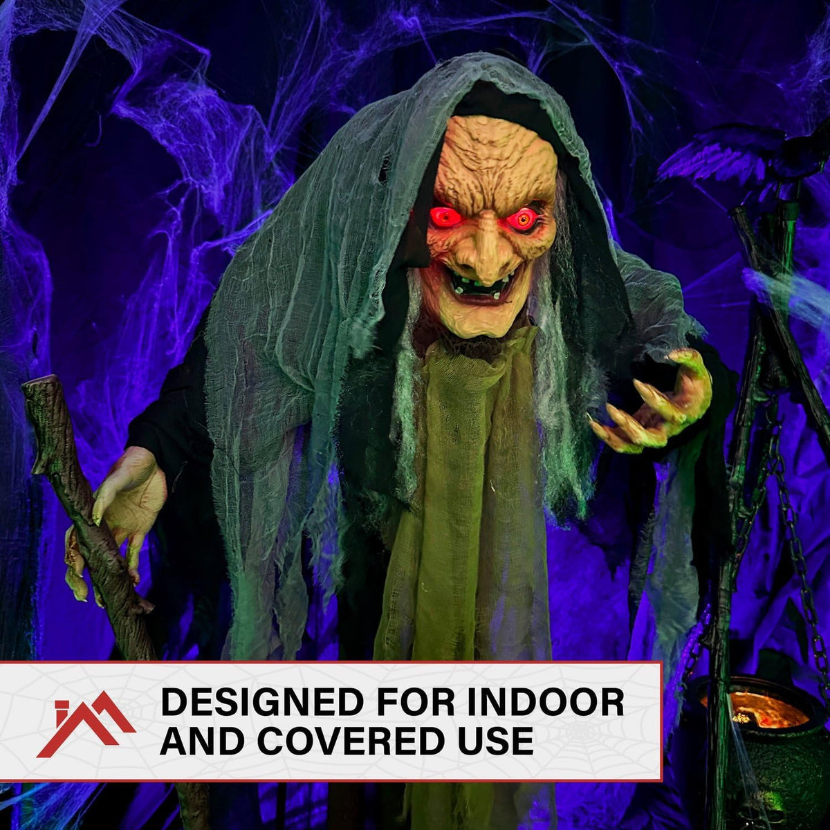 Life-Size Scary Poseable Talking Witch, Halloween Animatronic with Touch Activated Lights and Sound, Battery Operated Indoor or Covered Outdoor Halloween Decorations, Halloween Prop
