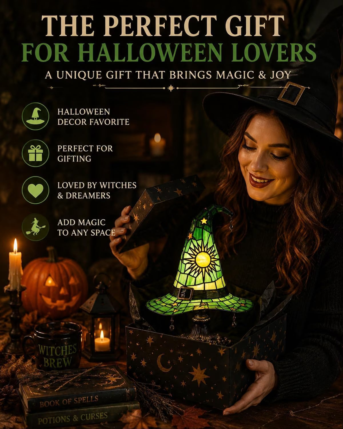 Clearance Witch Hat Lamp Halloween Decorations under 20 Gifts Stained Glass like Gothic Lamp Gothic Home Decor Accent Bedroom Bookshelf Mystical Gifts Glow Dark Figurine Ambiance