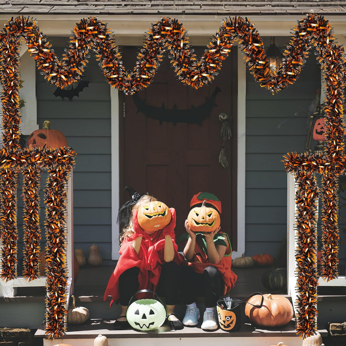 Halloween Decorations, 50FT Halloween Tinsel Garland Shiny Orange Black Metallic Twist Hanging Garland for Indoor Outdoor Home Tree Stairs Party Decorations