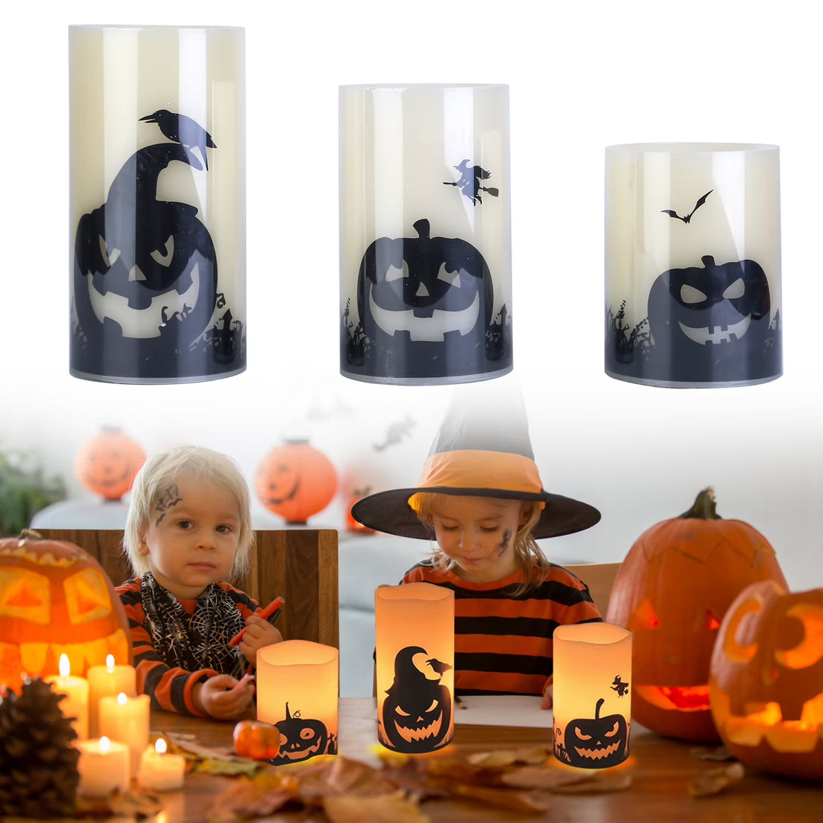 3Pcs Halloween Flameless Candles  Battery Operated Indoor Halloween Led Warm Orange Candles Lamp with Timer Setting, Natural Paraffin Halloween Pillar Candles Pumpkin
