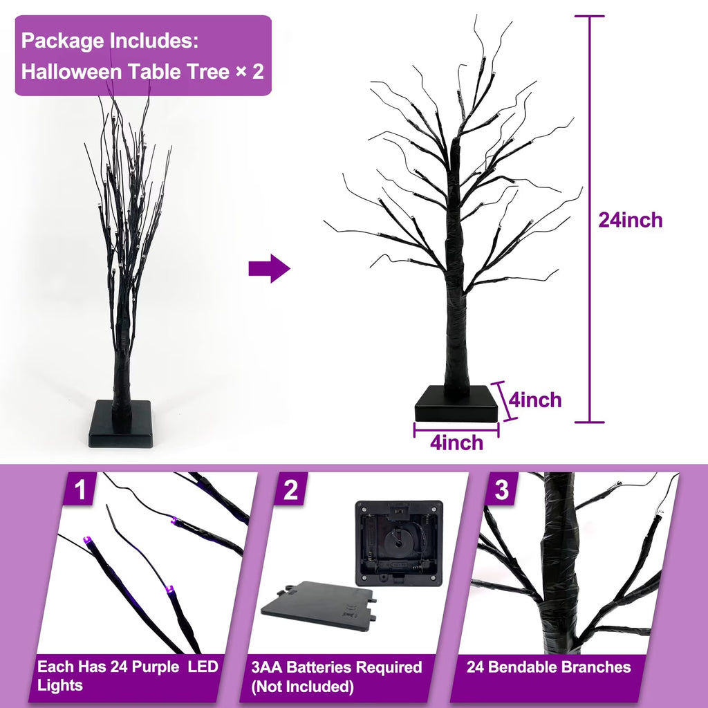 1Pc-24Inch Halloween Birch Tree Decorations with Timer,Total 24 LED Battery Operated Tabletop Artificial Black Spooky Tree Hallowe'En Decorations for Indoor Home Holiday Party-Purple