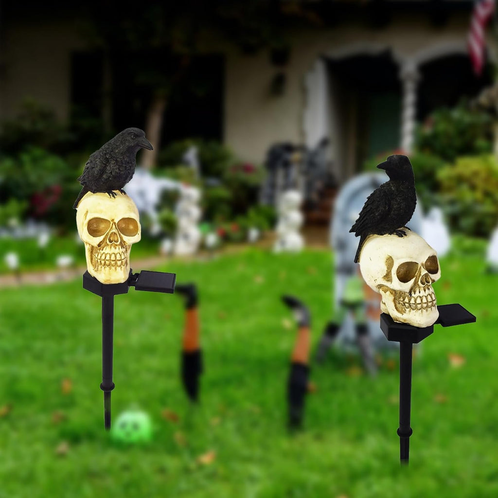 Halloween Solar Pathway Lights - Solar Halloween Skull Stake Lights Decorations Outdoor - 2PCS Waterproof Resin Skeleton Crows Decor for outside Yard Garden Lawn