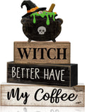 4 Pcs Halloween Table Decoration Witch Coffee Wooden Stacked Block Decor, "Witch Better Have My Coffee" Sign with Cauldron Topper, Gothic Halloween Tiered Tray Decor for Home Kitchen Bar
