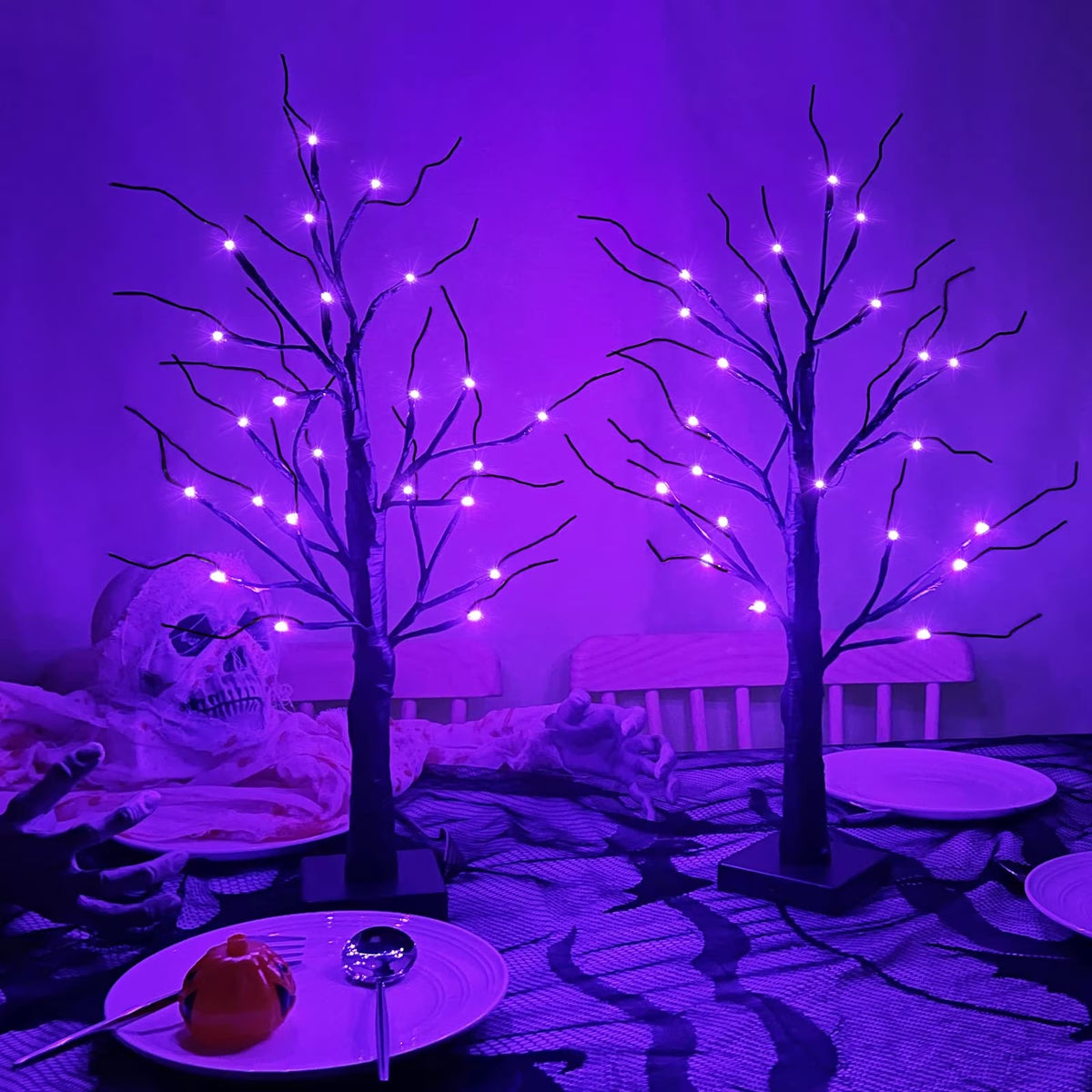 1Pc-24Inch Halloween Birch Tree Decorations with Timer,Total 24 LED Battery Operated Tabletop Artificial Black Spooky Tree Hallowe'En Decorations for Indoor Home Holiday Party-Purple