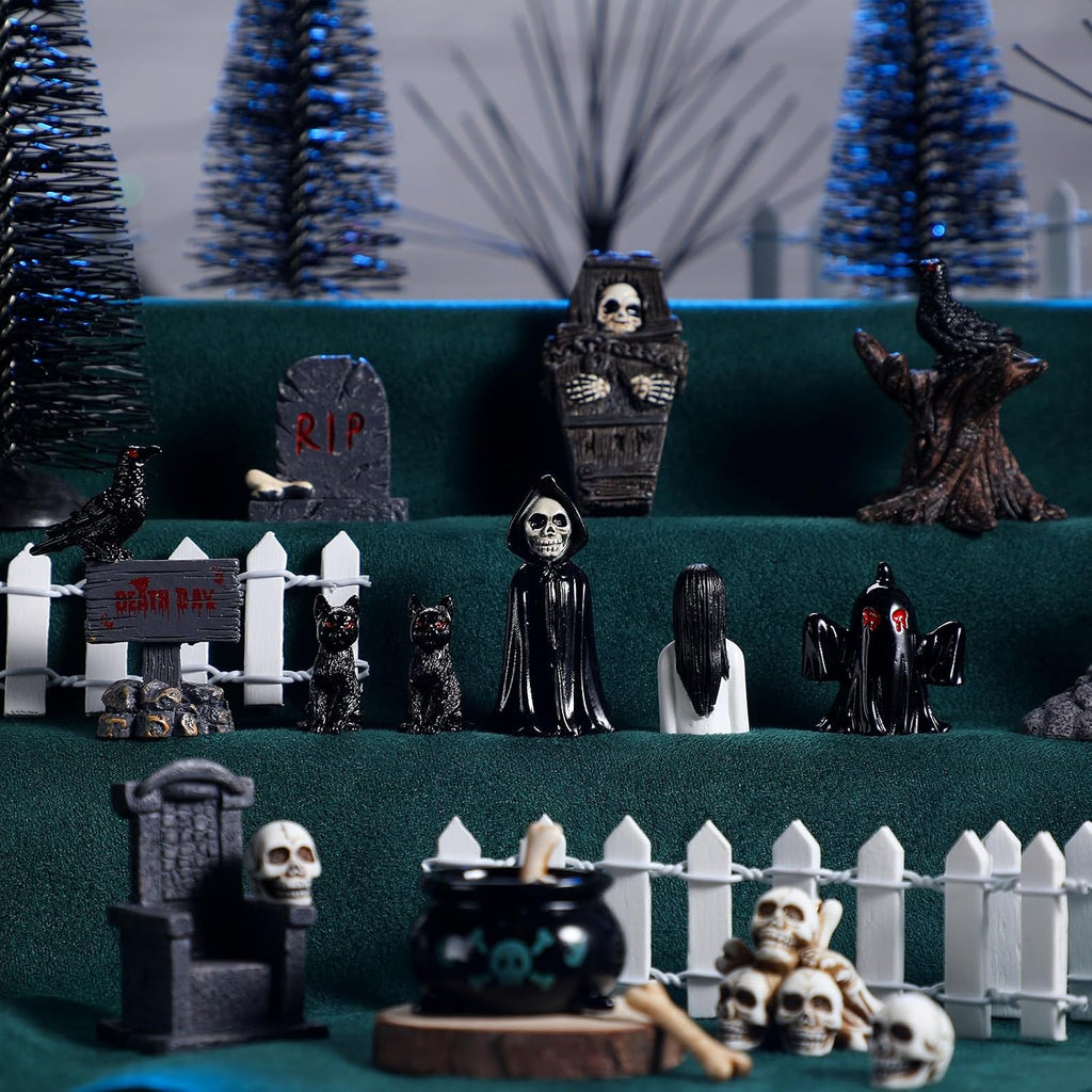32 Pcs Halloween Village Miniature Town Accessories Set Halloween Figurines Spooky Bare Branches Tombstones Skeleton Skulls Resin Horror Village Collections for Party Town Decorations