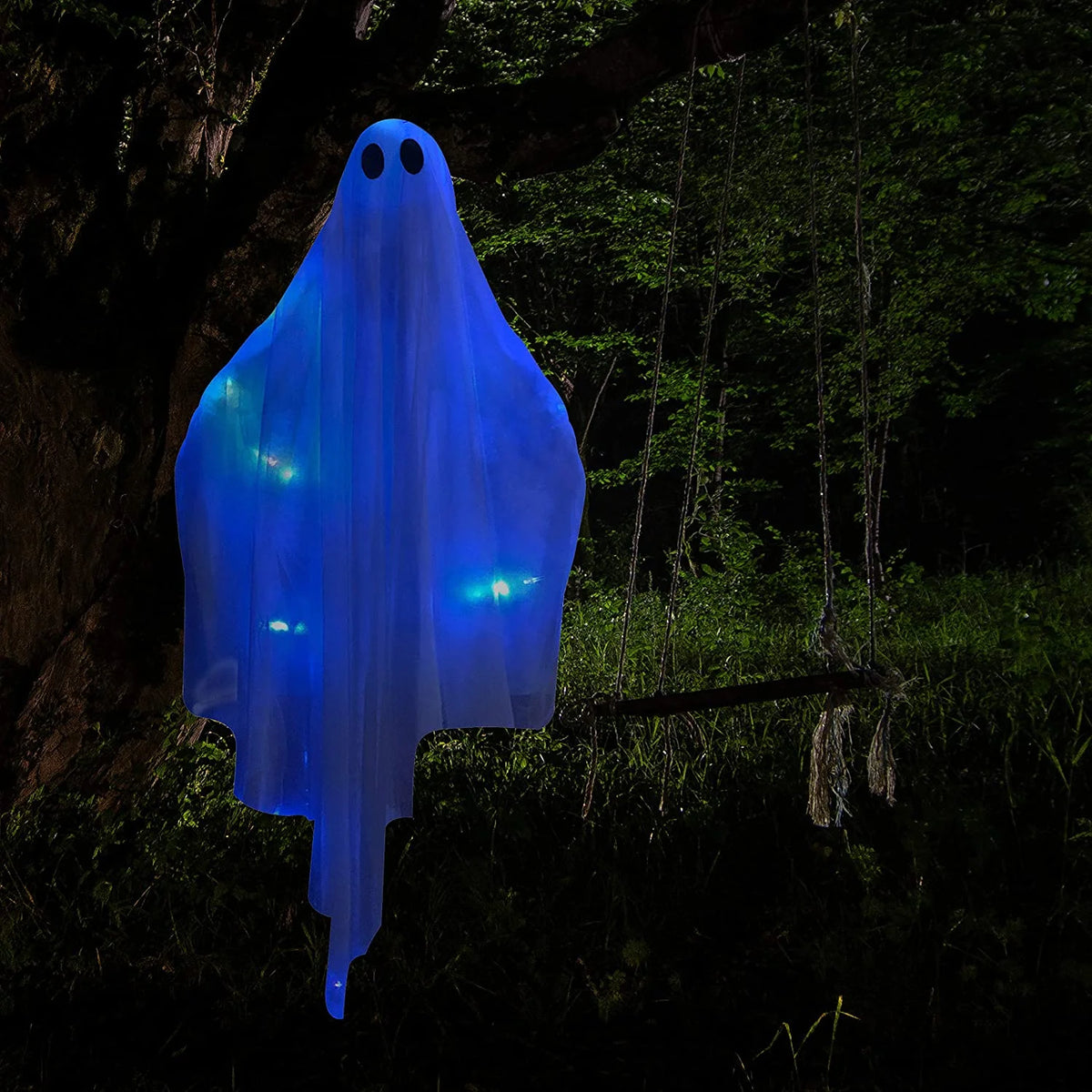 Halloween Ghost Decor with Blue LED Light, 47” Light up Hanging Ghost Halloween Yard Porch Decorations Outdoor