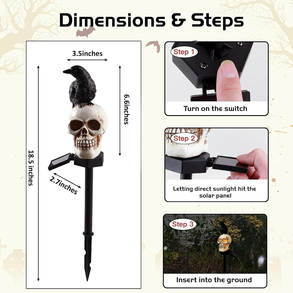 Halloween Solar Pathway Lights - Solar Halloween Skull Stake Lights Decorations Outdoor - 2PCS Waterproof Resin Skeleton Crows Decor for outside Yard Garden Lawn