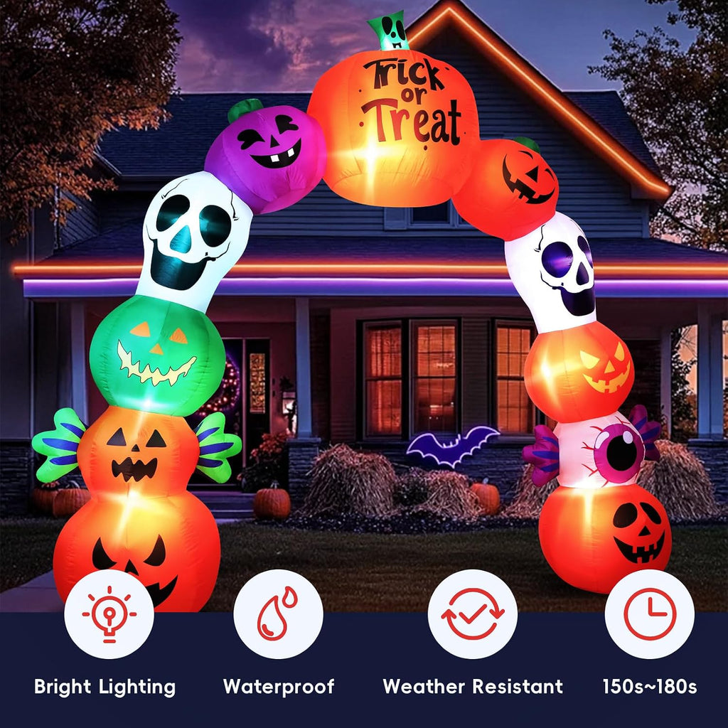 10FT Halloween Inflatable Pumpkin Skeleton Archway with LED Lights | Giant 10FT Design | Waterproof Polyester Fabric | Perfect for Outdoor Yard, Lawn & Halloween Party Decoration